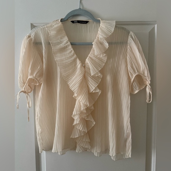 Zara Tops - Zara Cream Pleated Ruffle V-Neck Blouse